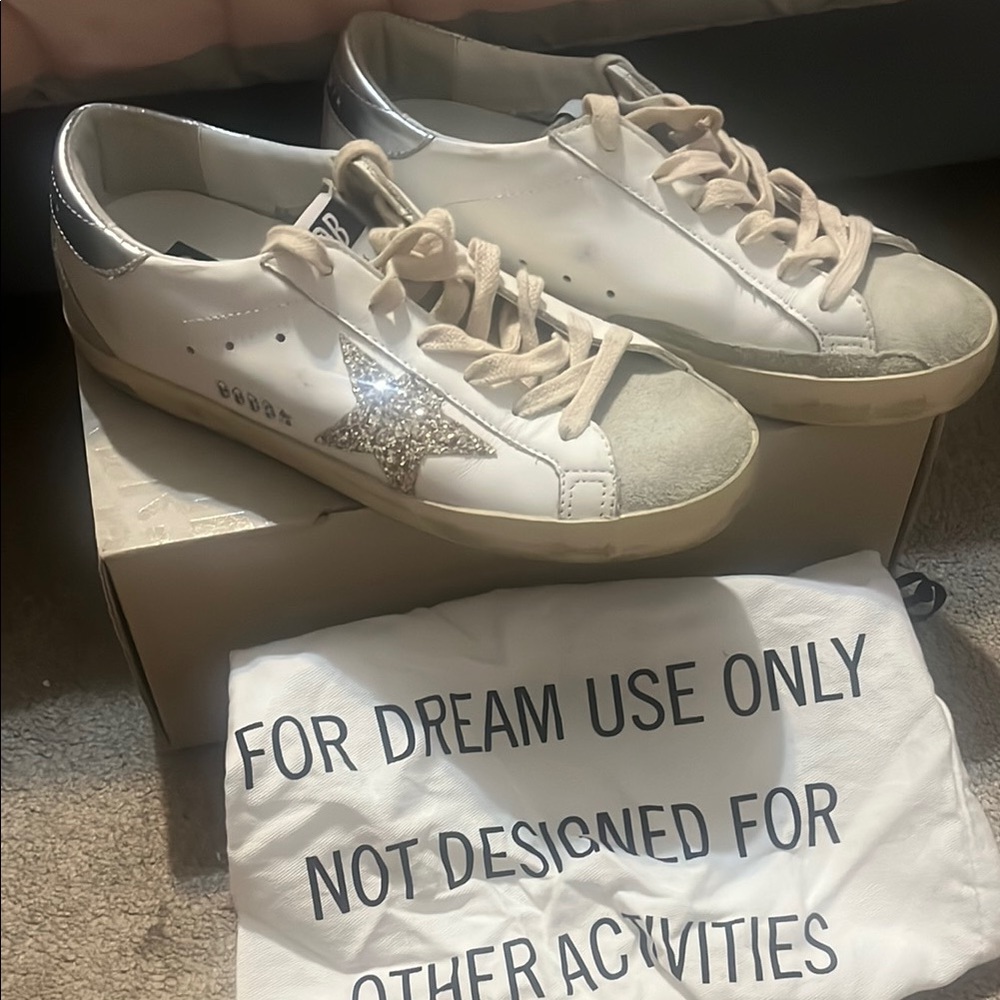 Golden Goose White and Silver Sneakers